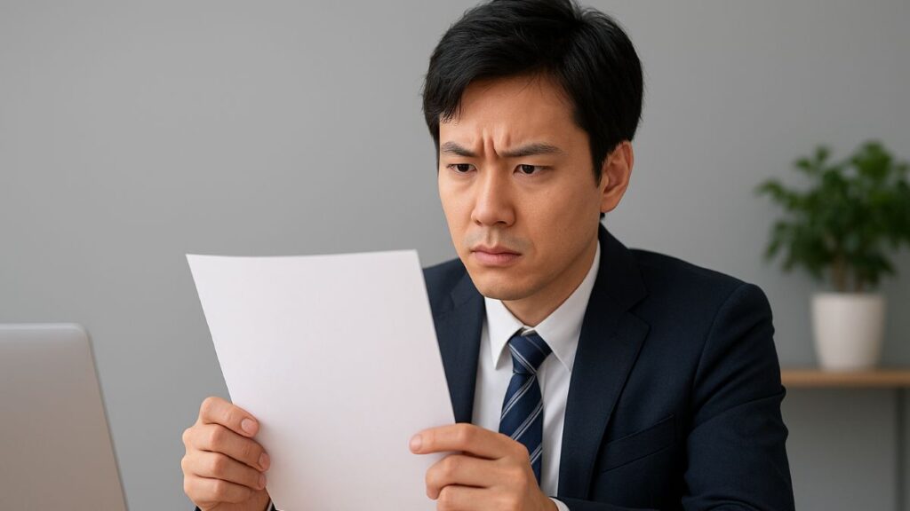 スーツ姿の男性が真剣な表情で求人票を確認している様子